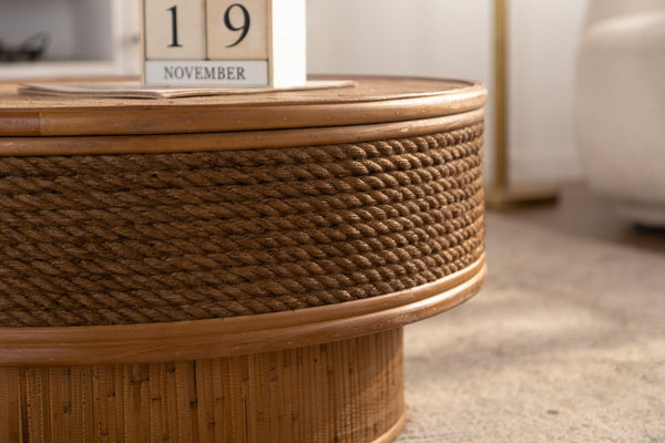 English Elm 31.5 Inch Round Hemp Rope Rattan Coffee Table with Hidden Storage Vintage Boho W757P483792