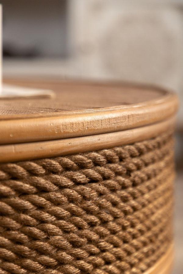 English Elm 31.5 Inch Round Hemp Rope Rattan Coffee Table with Hidden Storage Vintage Boho W757P483792