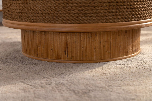 English Elm 31.5 Inch Round Hemp Rope Rattan Coffee Table with Hidden Storage Vintage Boho W757P483792