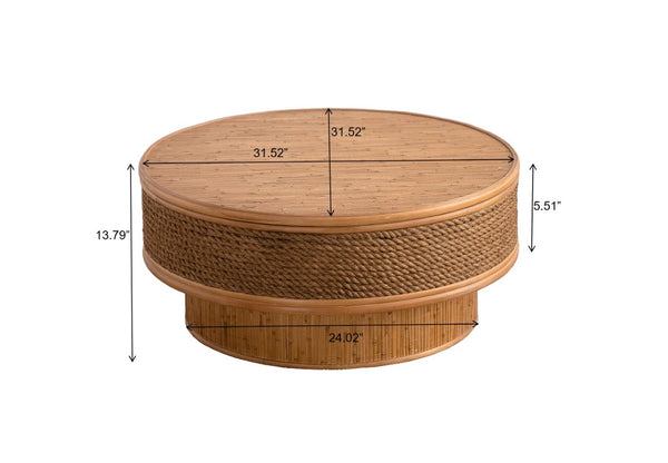 English Elm 31.5 Inch Round Hemp Rope Rattan Coffee Table with Hidden Storage Vintage Boho W757P483792