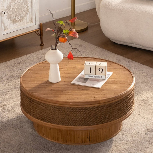 English Elm 31.5 Inch Round Hemp Rope Rattan Coffee Table with Hidden Storage Vintage Boho W757P483792