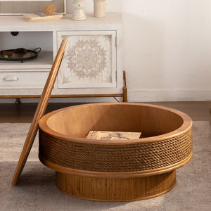 English Elm 31.5 Inch Round Hemp Rope Rattan Coffee Table with Hidden Storage Vintage Boho W757P483792
