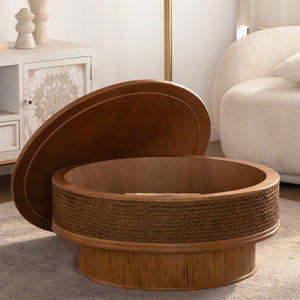 English Elm 31.5 Inch Round Hemp Rope Rattan Coffee Table with Hidden Storage Vintage Boho W757P483792