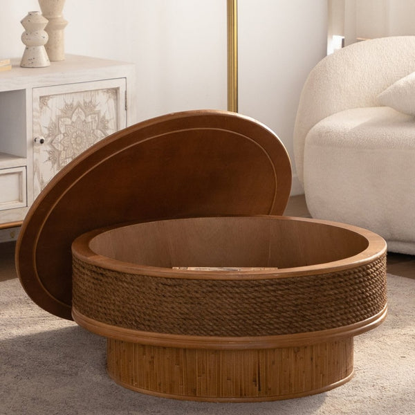 English Elm 31.5 Inch Round Hemp Rope Rattan Coffee Table with Hidden Storage Vintage Boho W757P483792