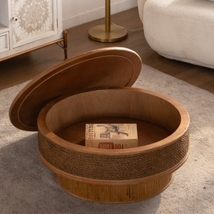 English Elm 31.5 Inch Round Hemp Rope Rattan Coffee Table with Hidden Storage Vintage Boho W757P483792