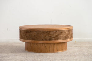 English Elm 31.5 Inch Round Hemp Rope Rattan Coffee Table with Hidden Storage Vintage Boho W757P483792