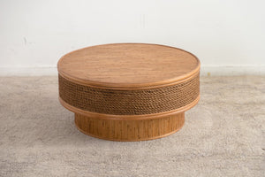 English Elm 31.5 Inch Round Hemp Rope Rattan Coffee Table with Hidden Storage Vintage Boho W757P483792