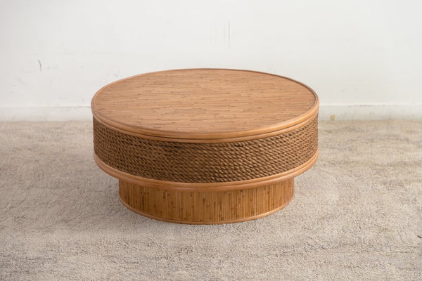 English Elm 31.5 Inch Round Hemp Rope Rattan Coffee Table with Hidden Storage Vintage Boho W757P483792