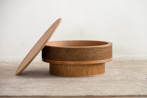 English Elm 31.5 Inch Round Hemp Rope Rattan Coffee Table with Hidden Storage Vintage Boho W757P483792