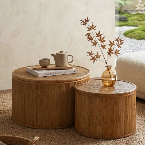 English Elm 43.9"vintage Rattan Inlay Nesting Coffee Table Set Bohemian Living Room Storage W757P483798