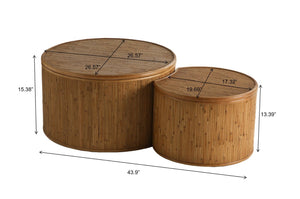 English Elm 43.9"vintage Rattan Inlay Nesting Coffee Table Set Bohemian Living Room Storage W757P483798