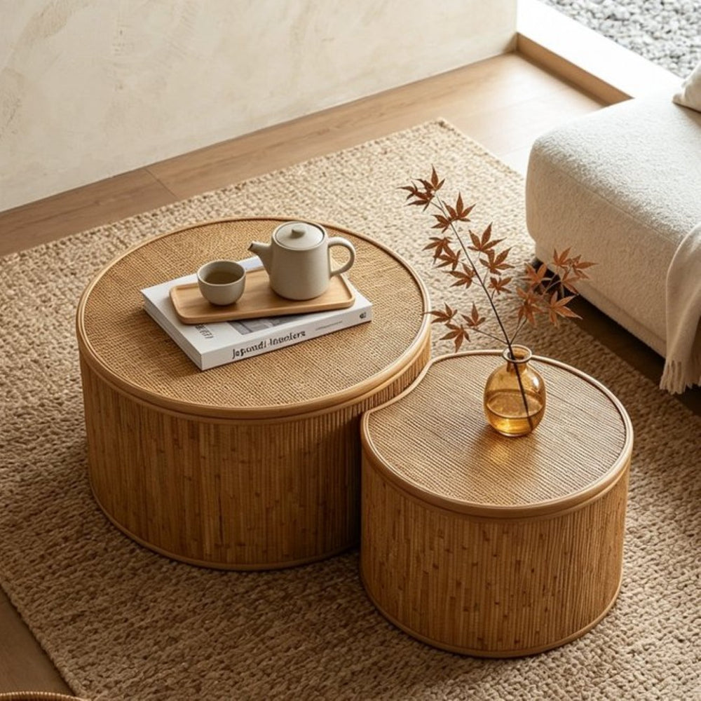 English Elm 43.9"vintage Rattan Inlay Nesting Coffee Table Set Bohemian Living Room Storage W757P483798