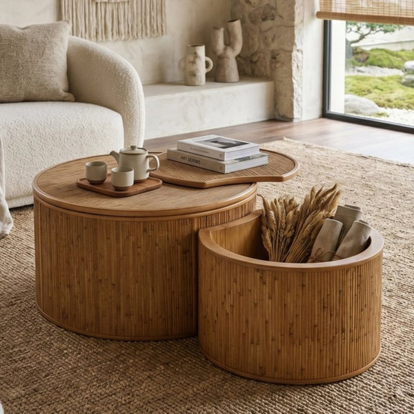 English Elm 43.9"vintage Rattan Inlay Nesting Coffee Table Set Bohemian Living Room Storage W757P483798