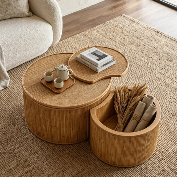 English Elm 43.9"vintage Rattan Inlay Nesting Coffee Table Set Bohemian Living Room Storage W757P483798