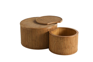 English Elm 43.9"vintage Rattan Inlay Nesting Coffee Table Set Bohemian Living Room Storage W757P483798