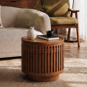 English Elm 18.9" Round Lattice Grille Accent Table with Hidden Storage Boho Walnut Finish W757P483932