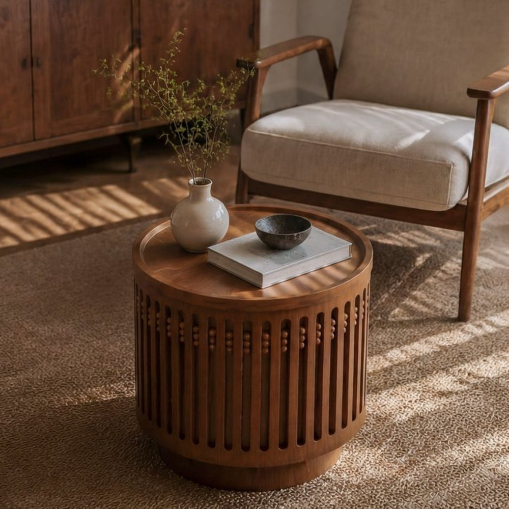 English Elm 18.9" Round Lattice Grille Accent Table with Hidden Storage Boho Walnut Finish W757P483932