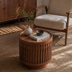 English Elm 18.9" Round Lattice Grille Accent Table with Hidden Storage Boho Walnut Finish W757P483932