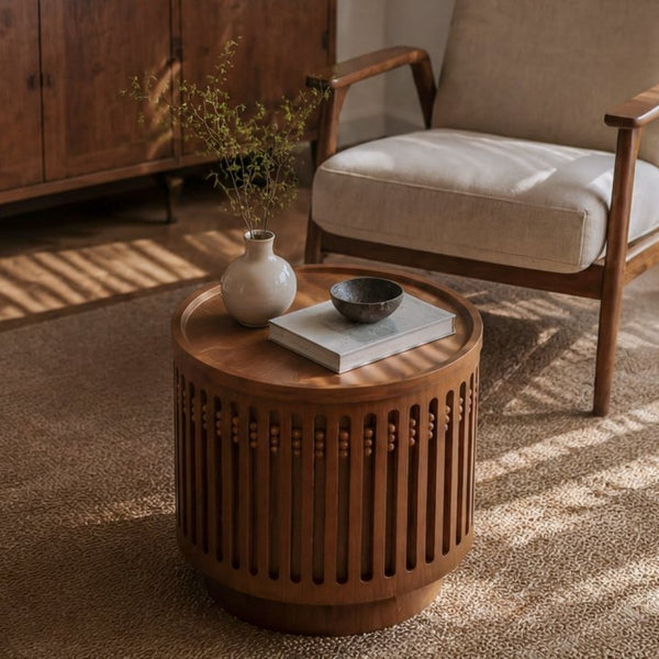 English Elm 18.9" Round Lattice Grille Accent Table with Hidden Storage Boho Walnut Finish W757P483932