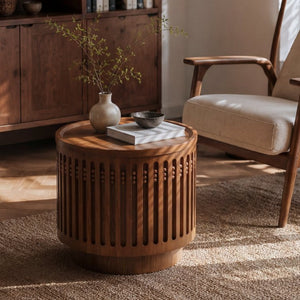 English Elm 18.9" Round Lattice Grille Accent Table with Hidden Storage Boho Walnut Finish W757P483932