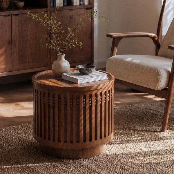 English Elm 18.9" Round Lattice Grille Accent Table with Hidden Storage Boho Walnut Finish W757P483932