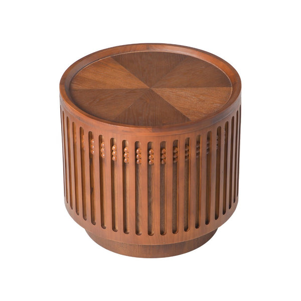 English Elm 18.9" Round Lattice Grille Accent Table with Hidden Storage Boho Walnut Finish W757P483932