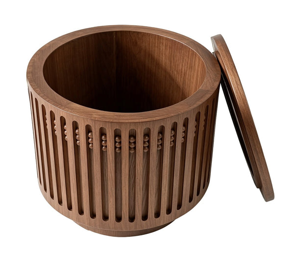English Elm 18.9" Round Lattice Grille Accent Table with Hidden Storage Boho Walnut Finish W757P483932