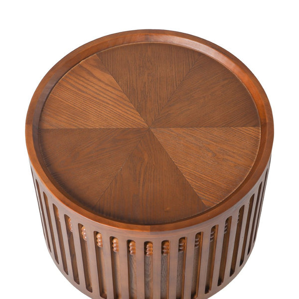 English Elm 18.9" Round Lattice Grille Accent Table with Hidden Storage Boho Walnut Finish W757P483932