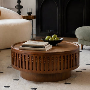 English Elm 31.3Round Bohemian Lattice Coffee Table with Flip Top Hidden Storage Walnut Finish W757P483947