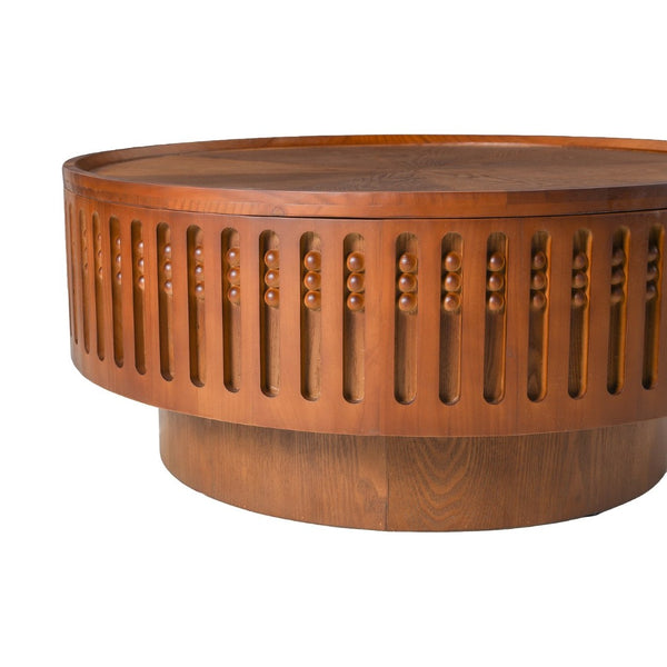 English Elm 31.3Round Bohemian Lattice Coffee Table with Flip Top Hidden Storage Walnut Finish W757P483947