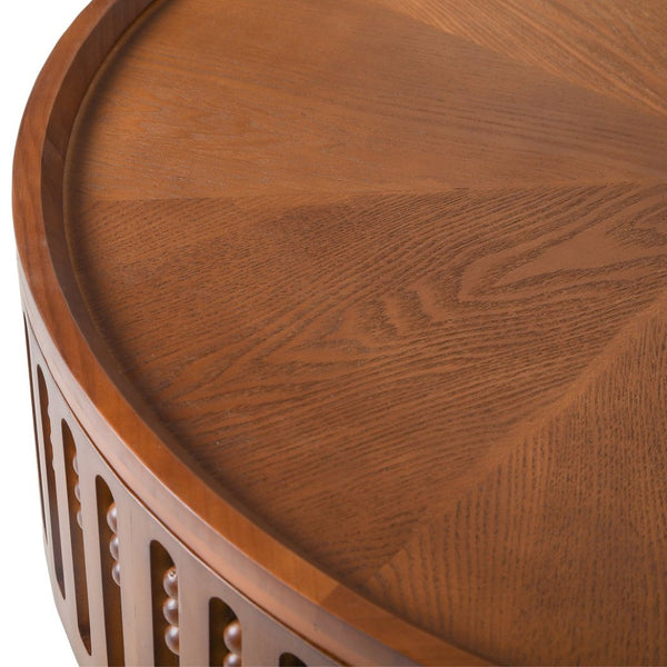 English Elm 31.3Round Bohemian Lattice Coffee Table with Flip Top Hidden Storage Walnut Finish W757P483947