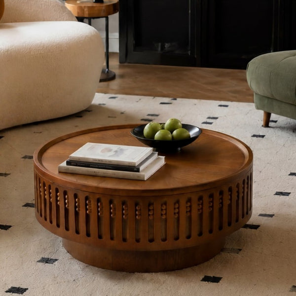 English Elm 31.3Round Bohemian Lattice Coffee Table with Flip Top Hidden Storage Walnut Finish W757P483947