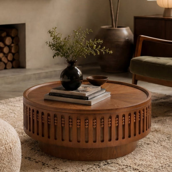 English Elm 31.3Round Bohemian Lattice Coffee Table with Flip Top Hidden Storage Walnut Finish W757P483947