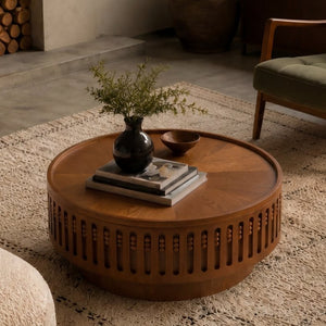 English Elm 31.3Round Bohemian Lattice Coffee Table with Flip Top Hidden Storage Walnut Finish W757P483947