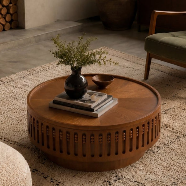 English Elm 31.3Round Bohemian Lattice Coffee Table with Flip Top Hidden Storage Walnut Finish W757P483947