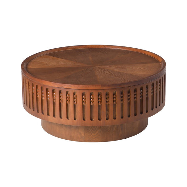 English Elm 31.3Round Bohemian Lattice Coffee Table with Flip Top Hidden Storage Walnut Finish W757P483947