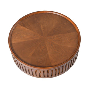 English Elm 31.3Round Bohemian Lattice Coffee Table with Flip Top Hidden Storage Walnut Finish W757P483947