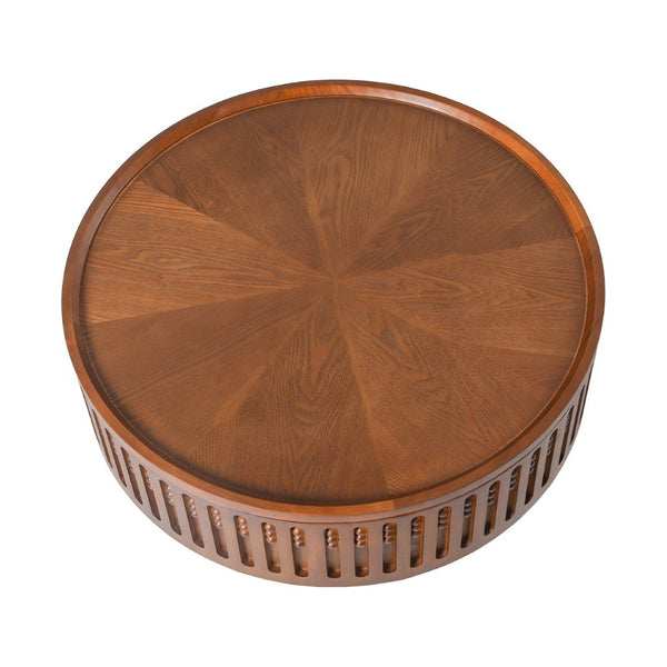 English Elm 31.3Round Bohemian Lattice Coffee Table with Flip Top Hidden Storage Walnut Finish W757P483947
