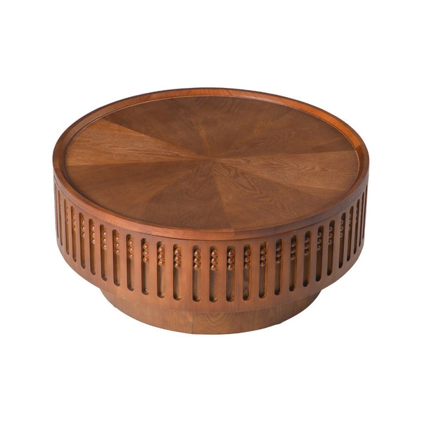 English Elm 31.3Round Bohemian Lattice Coffee Table with Flip Top Hidden Storage Walnut Finish W757P483947