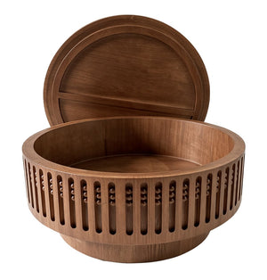 English Elm 31.3Round Bohemian Lattice Coffee Table with Flip Top Hidden Storage Walnut Finish W757P483947