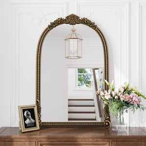 English Elm 37"arch Antique Gold Iron Frame Arched Wall Mirror with Carved Relief for Bedroom W757P483996