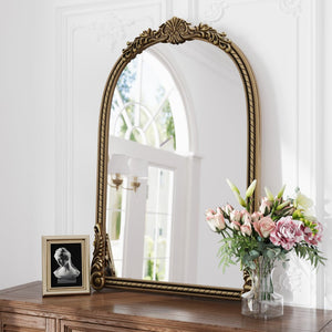 English Elm 37"arch Antique Gold Iron Frame Arched Wall Mirror with Carved Relief for Bedroom W757P483996