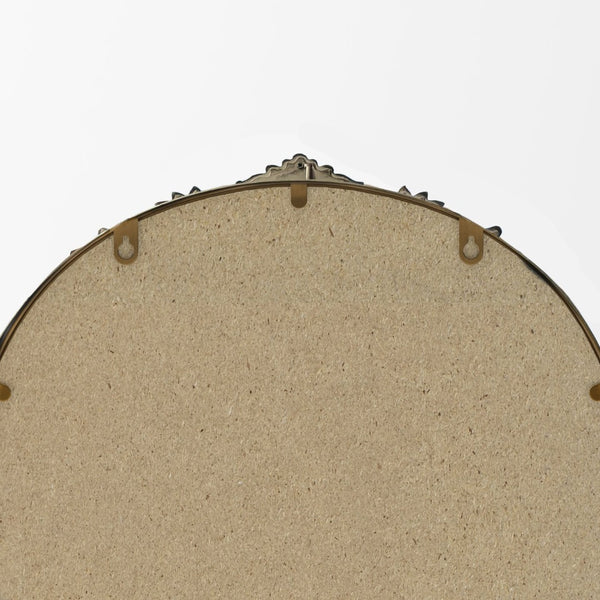 English Elm 37"arch Antique Gold Iron Frame Arched Wall Mirror with Carved Relief for Bedroom W757P483996