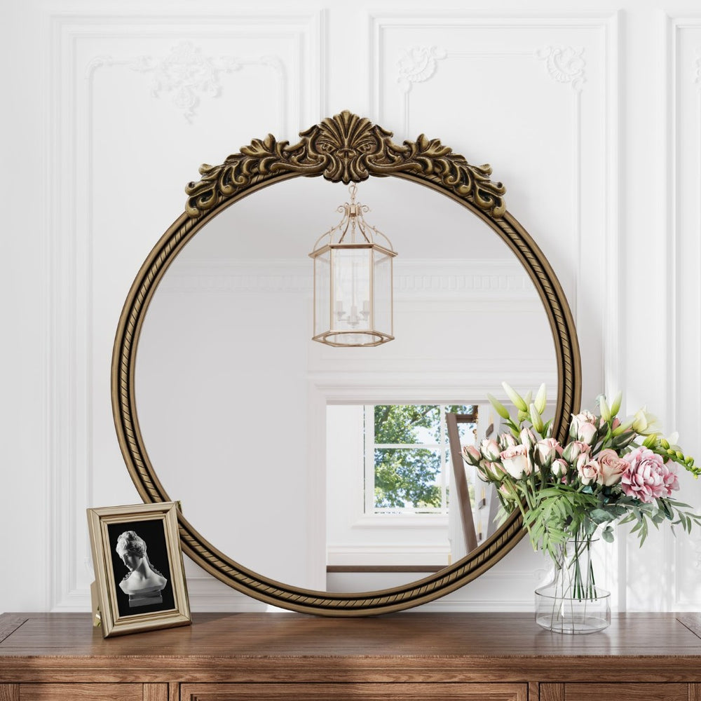 English Elm 33.27" Round Iron Wall Mirror Antique Gold Relief Frame for Bedroom or Entryway W757P484000