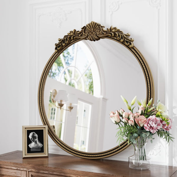 English Elm 33.27" Round Iron Wall Mirror Antique Gold Relief Frame for Bedroom or Entryway W757P484000