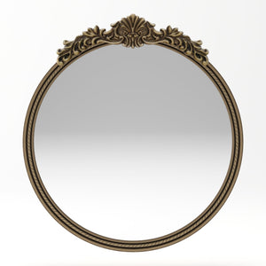 English Elm 33.27" Round Iron Wall Mirror Antique Gold Relief Frame for Bedroom or Entryway W757P484000
