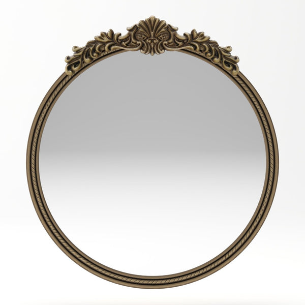 English Elm 33.27" Round Iron Wall Mirror Antique Gold Relief Frame for Bedroom or Entryway W757P484000