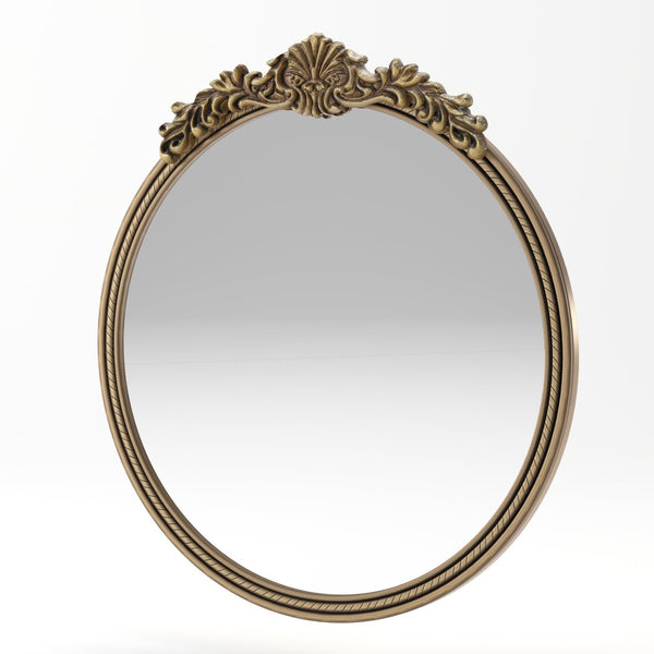 English Elm 33.27" Round Iron Wall Mirror Antique Gold Relief Frame for Bedroom or Entryway W757P484000