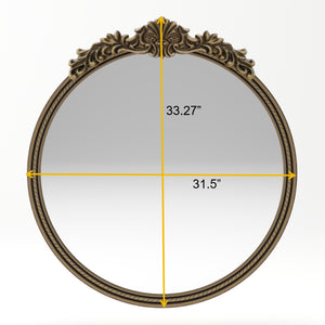 English Elm 33.27" Round Iron Wall Mirror Antique Gold Relief Frame for Bedroom or Entryway W757P484000