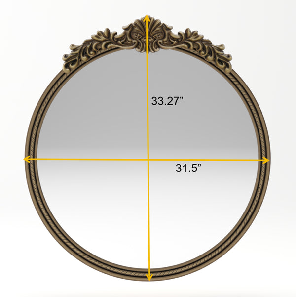 English Elm 33.27" Round Iron Wall Mirror Antique Gold Relief Frame for Bedroom or Entryway W757P484000